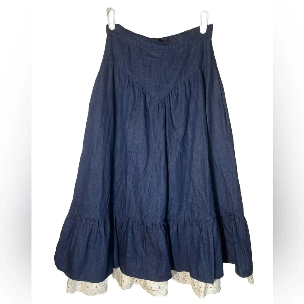 Gunne Sax Vintage Jessica’s Gunnies 70’s Denim MIDI Prairie Skirt Size 7 - Picture 2 of 5